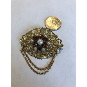 VINTAGE BAROQUE Style TOPAZ RHINESTONE - FAUX PEARL BROOCH